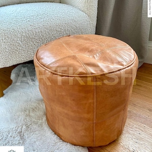 Moroccan Leather Pouf Ottoman: White Stitching, Handmade Footstool (Unstuffed)