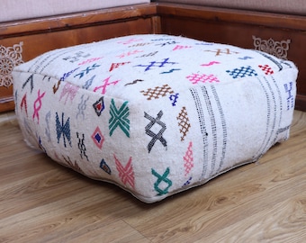Handmade Moroccan Wool Pouf, Square Ottoman Cushion, Beni Ourain Design