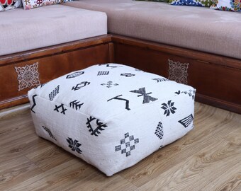 Vintage Moroccan Wool Pouf: Beni Ourain Ottoman, Square Kilim Cushion