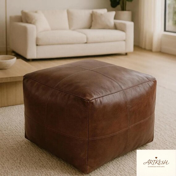 Large Genuine Leather Square Ottoman Pouf: Bohemian Footstool Coffee Table, Unstuffed