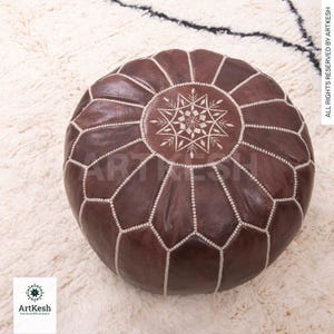 Moroccan Leather Pouf: Brown Ottoman with White Stitching (Unstuffed)