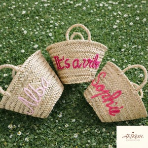 Personalized Moroccan Straw Basket: Embroidered Palm Leaf Bag