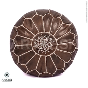 Moroccan Leather Pouf Ottoman: White Stitching, Unstuffed