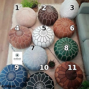 Unstuffed Moroccan Leather Pouf: White Stitch Ottoman Footstool