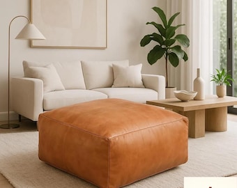 Handmade Moroccan Leather Pouf Ottoman: Square Footstool, Light Tan, Unstuffed