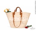Handwoven Moroccan Palm Leaf Bag, Leather Handles, French Market Basket