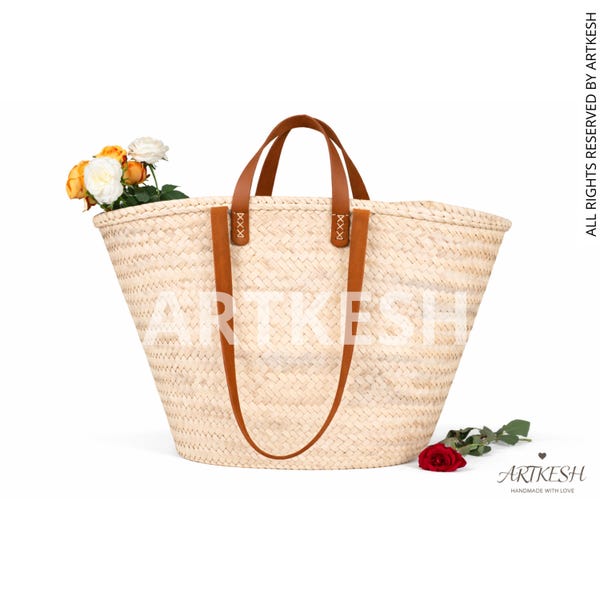 Handwoven Moroccan Palm Leaf Bag, Leather Handles, French Market Basket