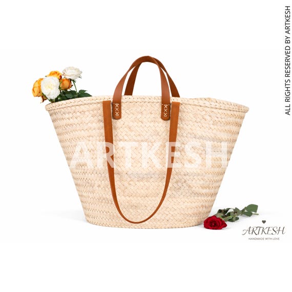 Handwoven Moroccan Palm Leaf Bag, Leather Handles, French Market Basket
