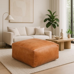 Handmade Moroccan Leather Pouf Ottoman – Light Tan Square Footstool, Unstuffed