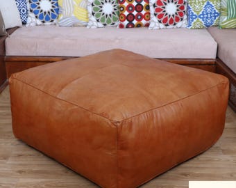 Large Ottoman Pouf | Bohemian Furniture | Genuine Leather Square Ottoman | Square Footstool | Ottoman Coffee Table