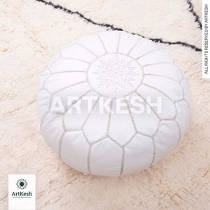 White Leather Moroccan Pouf: Handcrafted Ottoman Footstool (Unstuffed)