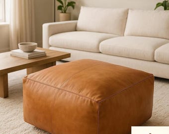 Handmade Moroccan Leather Pouf Ottoman: Light Tan Square Footstool, Unstuffed