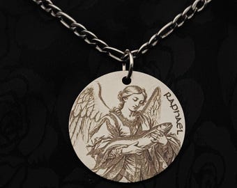 St Raphael Medal: Engraved Archangel Raphael Pendant 30mm, Stainless Steel Necklace
