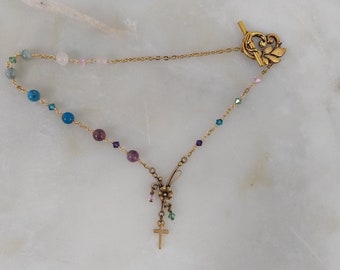 Floral Cross necklace, rose quartz, jade, amethyst & apatite made with 18k gold plated chain and clasp