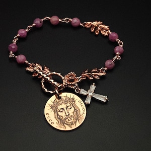Bracciale con il Santo Volto di Gesù: 16,5 cm, bracciale a rosario, oro rosa e rubino