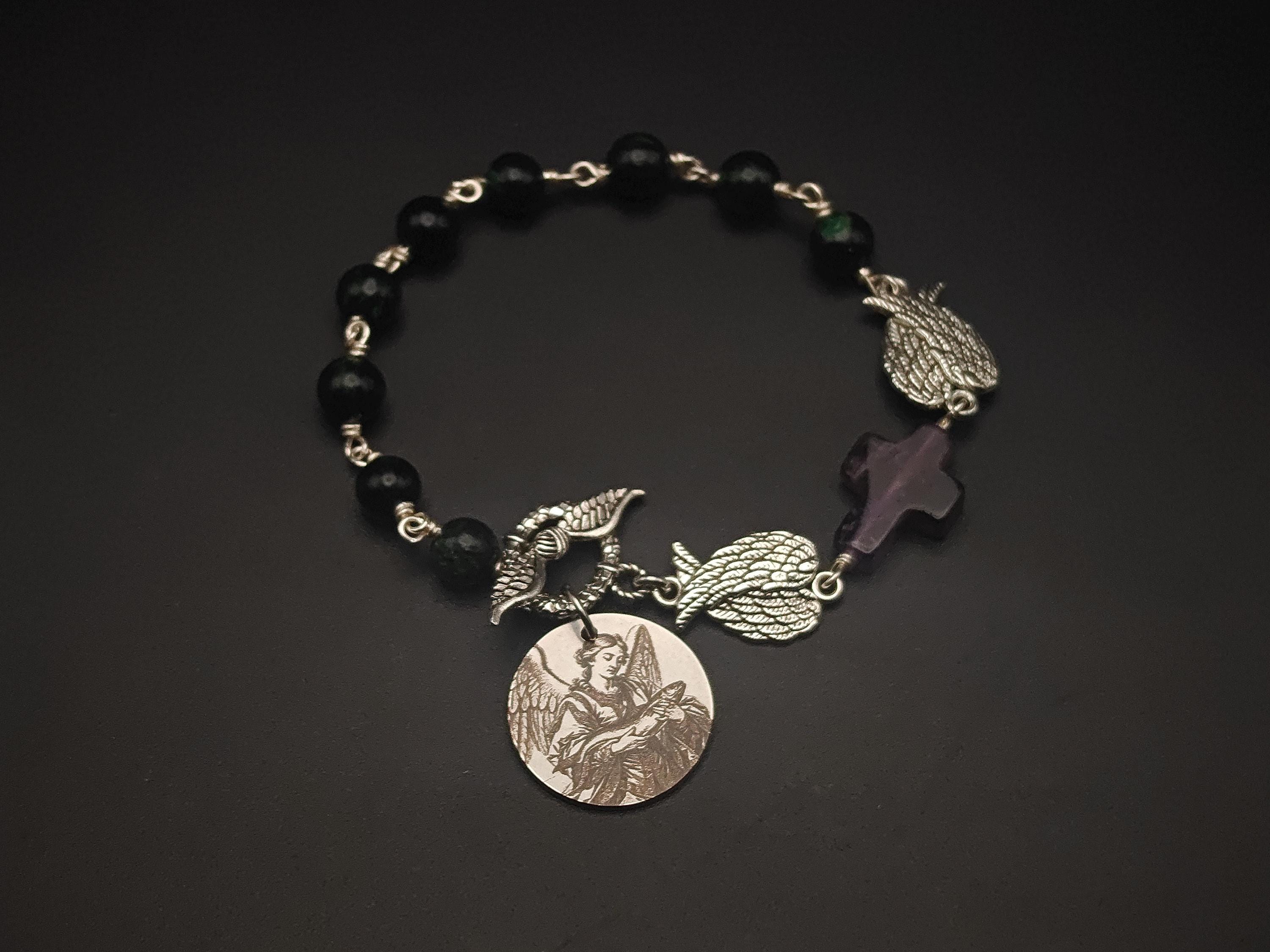 Archangel Raphael Bracelet, Emerald Amethyst, Sterling Silver, 7.5 inch