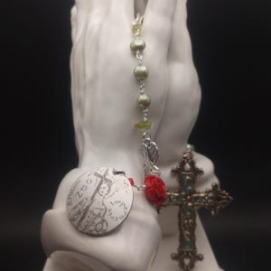 St Helena chaplet, chaplet de Ste Hélène, coroncina di Sant'Elena, peridot for August. Antique Ludovic Penin Crucifix.