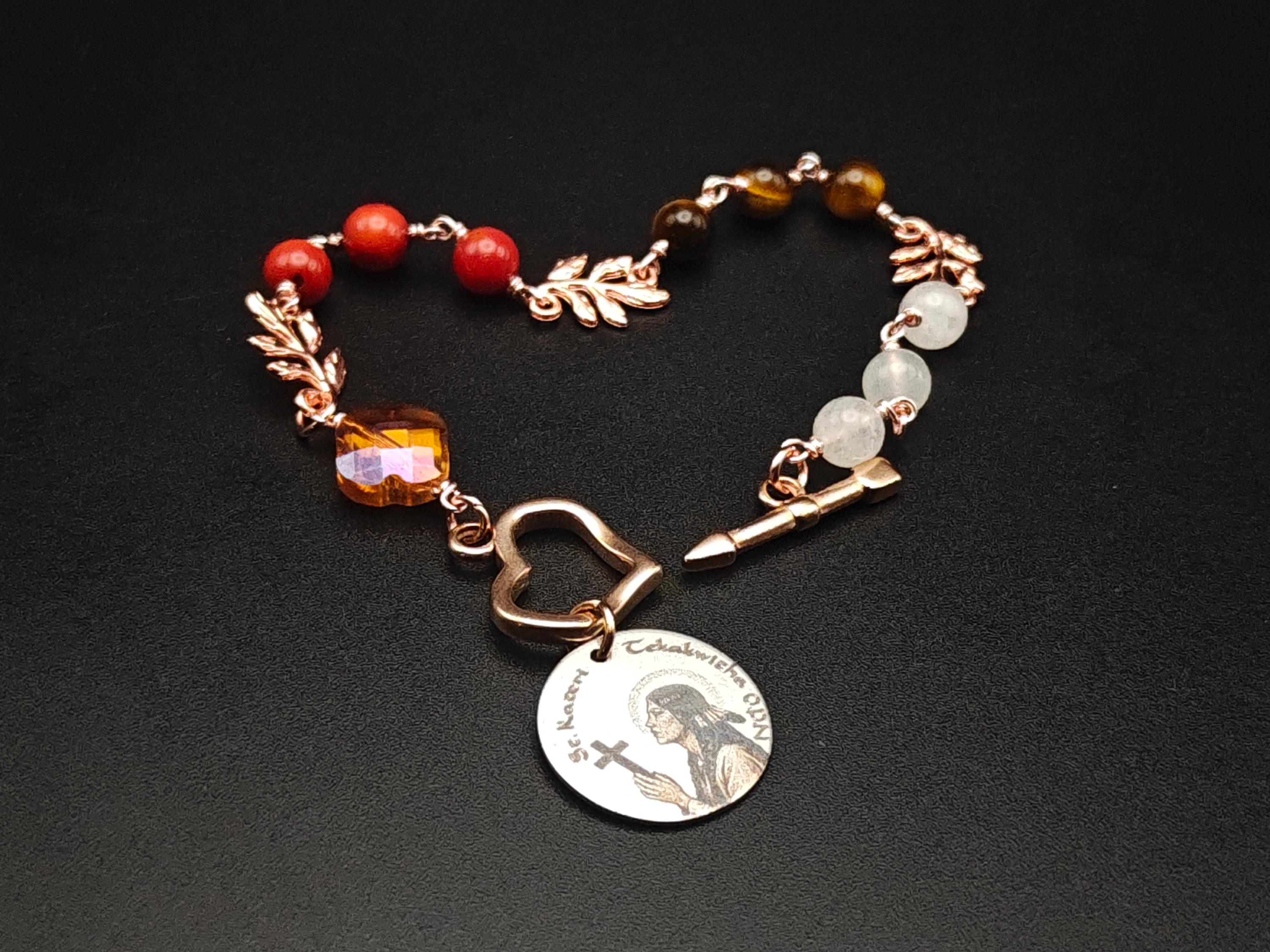 St Kateri Tekakwitha Bracelet: Moonstone, Tiger's Eye, Coral, Rose Gold