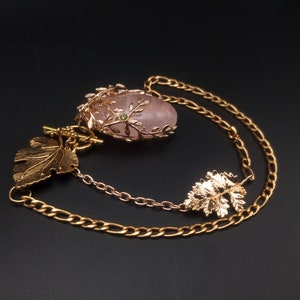 Rose Quartz Pendant Necklace: Gold Vine, Leaf Clasp, Peridot Rhinestones