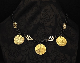 Archangels Necklace, St. Michael, Gabriel, Raphael, Gunmetal & Gold Steel