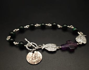 Archangel Raphael Bracelet, Emerald Amethyst, Sterling Silver, 7.5 inch
