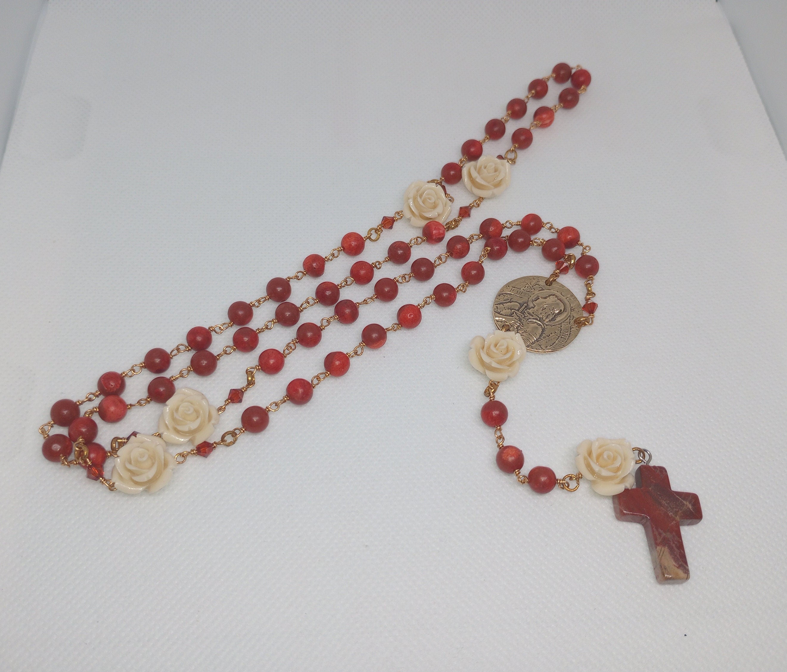 Saint Joan of Arc garnet gemstone rosary beads with Crowning of Thorns –  Unique Rosary Beads