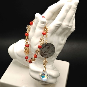 St Mary Magdalene Chaplet: Red Coral, Moonstone, Swarovski Crystal Cross