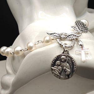 Pearl Rosary Bracelet: St Raphael, Angel Wing Clasp, Swarovski Cross