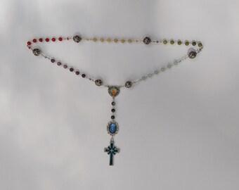 Chaplet of the holy face of Jesus made with amethyst, carnelian, aquamarine, jade & rutilated quartz silver plated