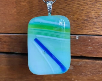 Gorgeous handmade green & blue fused glass pendant