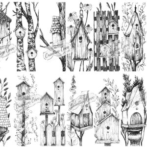 May include: A collection of 14 black and white line drawings of birdhouses. The birdhouses are drawn in various styles, some with intricate details and others with simple designs. The drawings are set against a white background.