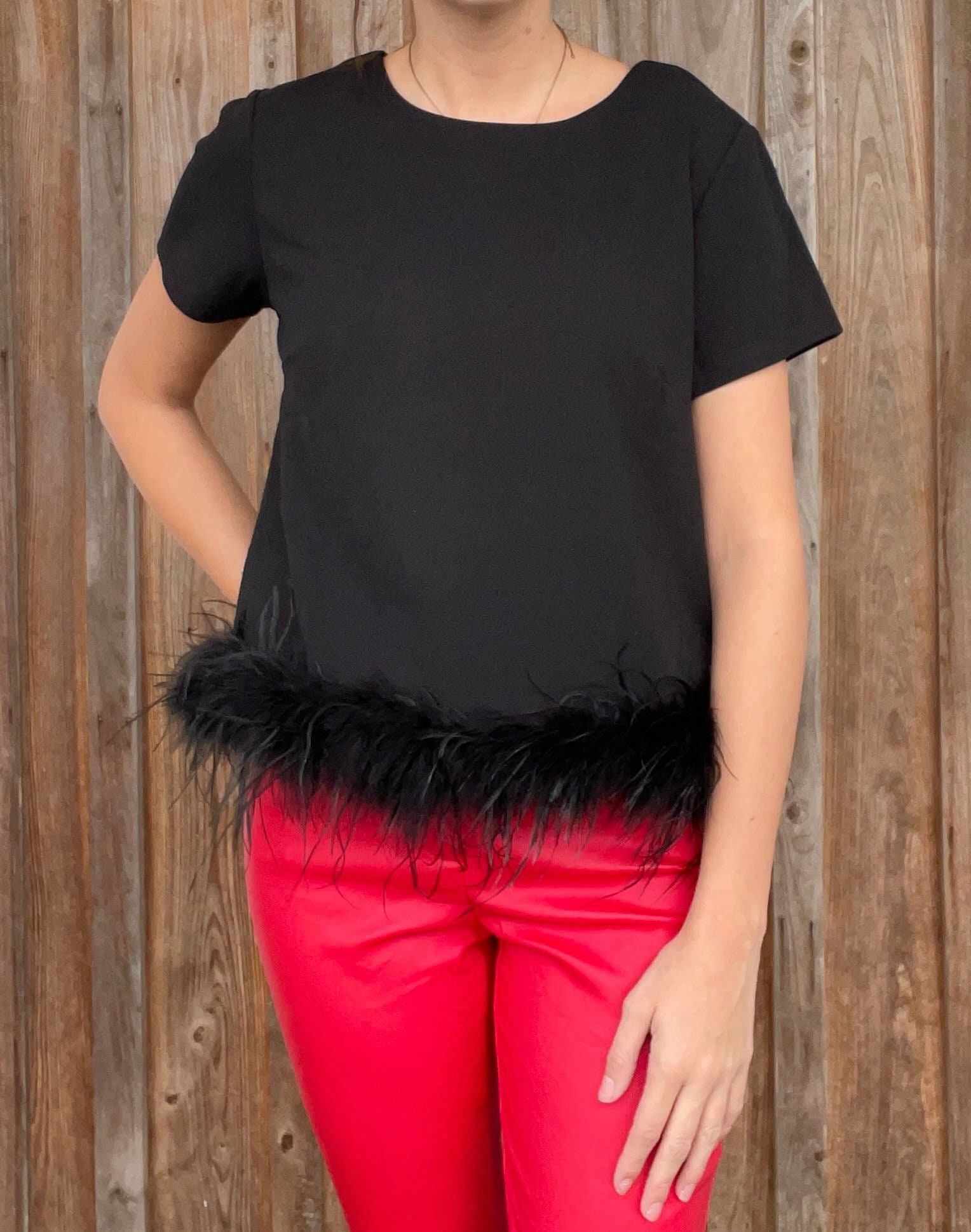 Double Take Feather Trim Top, Black Small