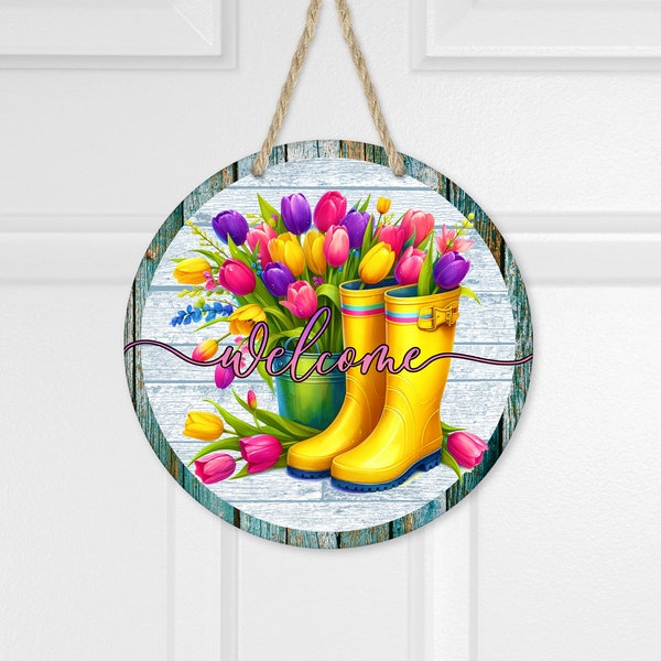 Round Sublimation Door Hanger PNG Design, Spring Tulips and Boots Door Sign PNG, 12 Inch Round PNG Digital Download, Resizable