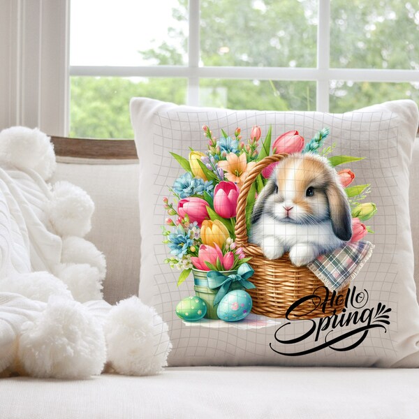 Hello Spring Bunny-Square Pillow Design - PNG Digital Download - Sublimation Design - Transparent Background