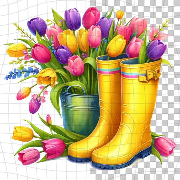 Spring Tulips and Rainboots  - Watercolor Clipart - PNG Digital Clipart - Scrapbooking - Transparent Background - Commerical Use