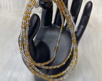 White and Gold African Waist Beads| tie on waist beads| women| Ghana waist bead| free shipping| weight loss| handmade| belly bead| seed bead