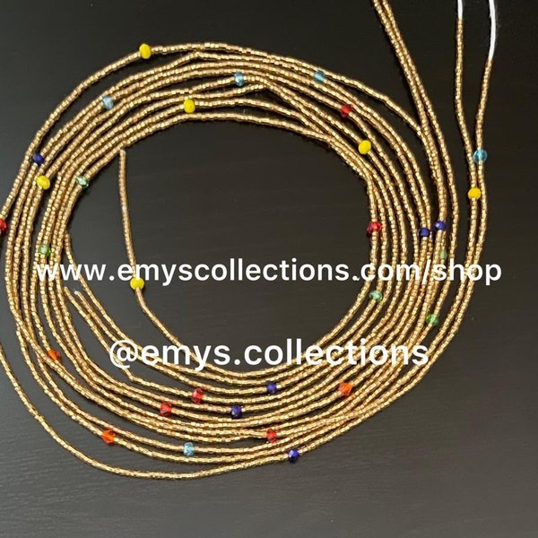 Gold African Waist Beads| tie on waist beads| women beads| Ghana waist beads| free shipping| weight loss| handmade| belly beads| seed beads