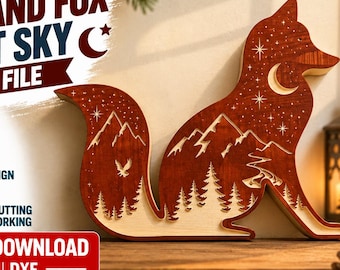 Waldfuchs – Nachthimmel + Berge | SVG + DXF zum Download