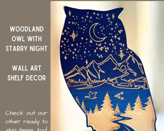 Woodland Owl - Night Sky + Mountains + Wall Art | Shelf Decor