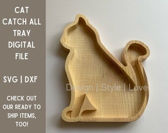 Gatito sentado en una bonita bandeja para recoger todo / SVG + DXF / Archivo de descarga digital