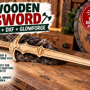 Könnte beinhalten: Ein helles Holzschwert-Design mit detailliertem Griff und Klinge. Das Bild enthält den Text WOODEN SWORD, SVG + DXF + GLOWFORGE und DIGITAL DOWNLOAD FILE ONLY sowie Symbole für SVG-Dateien, Werkzeuge und eine Geschenkbox.