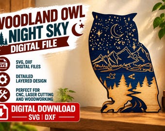 Waldohreule – Nachthimmel + Berge | SVG + DXF zum digitalen Download