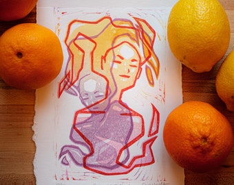 Summer Sisters- 4"x6" Linoleum Block Print, Limited Edition