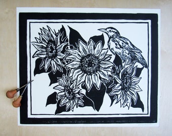 Sunflowers- Block Print, Wood Block Print