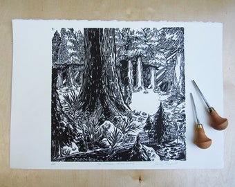 The Chamber of The Cedars- Block Print, Linoleum Block Print