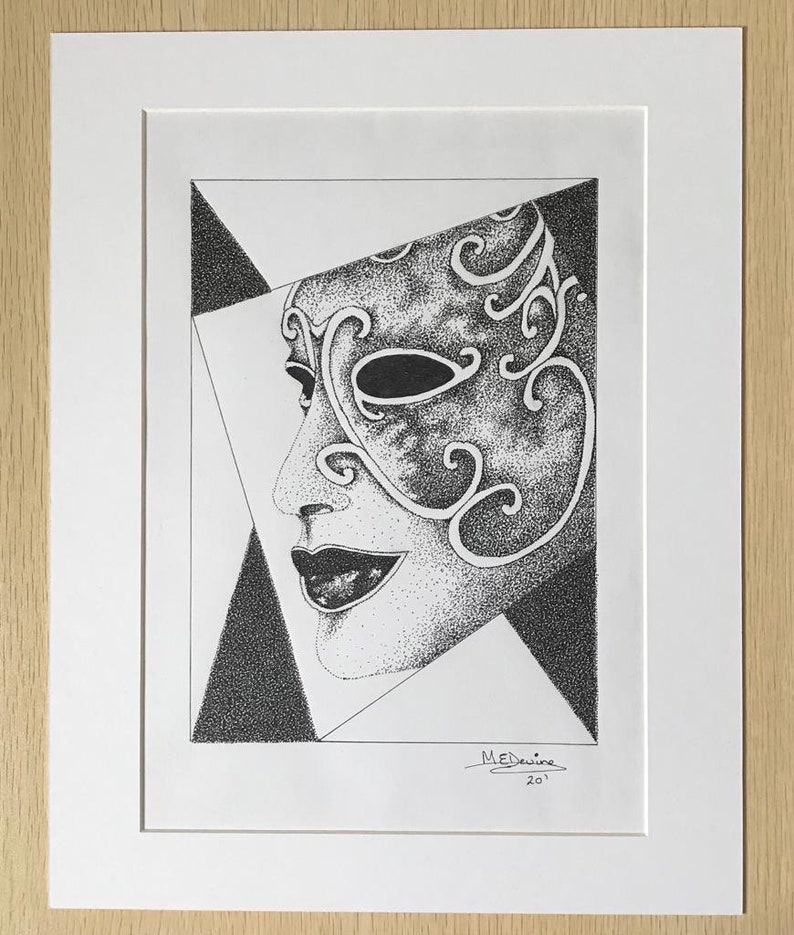Masquerade Mask Print, Stippling Art - Black and White Mounted Portrait ...