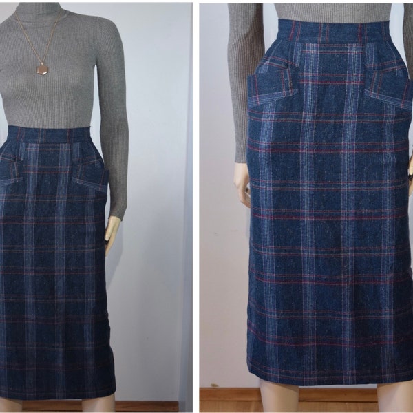 XS Vintage Blue Plaid Pencil Midi Wiggle Skirt with Pockets 90's Does 50's