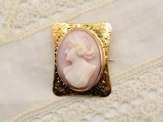 Antique 10k Gold Cameo Brooch and Pendant Carved … - image 1