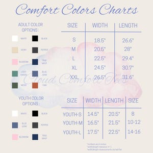 a color chart that provides size and width options for different adult and youth colors. The chart includes color names such as white, black, blue, green, and pink, along with corresponding size and width measurements. The chart is designed to help users determine the appropriate size and width for various colors, ensuring a comfortable fit for the chosen color.