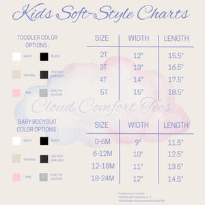 The image is a children's soft-style chart that provides size and color options for various clothing items, such as t-shirts and dresses.